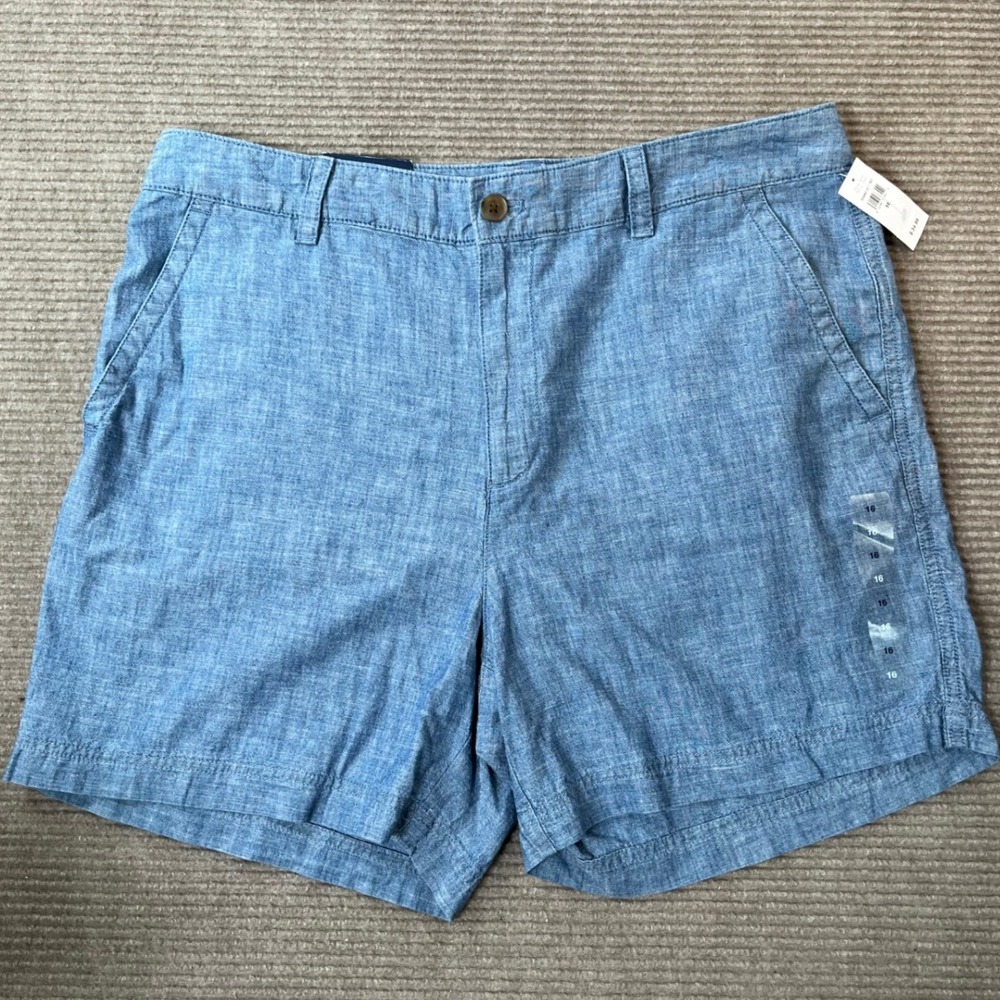 Gap Womens Girlfriend Khaki Shorts Blue‎ Chambray High Rise Cotton Size 16 NEW